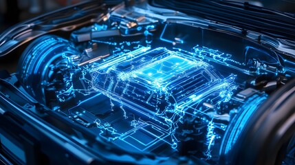 1. **Illustrate an electric car lithium battery pack with intricate power connections highlighted in a vibrant blue hue. The image focuses on the battery pack as the heart of modern automotive