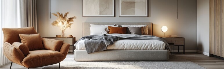 Custom modern Scandinavian living room featuring a sofa armchair and double bed with duvet and pillows alongside bedside tables depicted in a 3D rendering of an unfinished interior design project