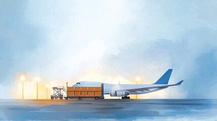 Fototapeta premium Cargo plane being loaded at night, illuminated by floodlights, watercolor style