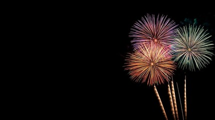 colorful fireworks on the black sky background with free space for text. Celebration and anniversary concept.generative ai