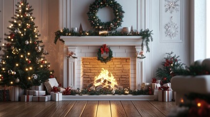 3D rendering of a festive white fireplace adorned with Christmas decorations in a warmly lit interior setting