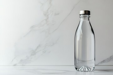 Minimalist clear water bottle on white marble