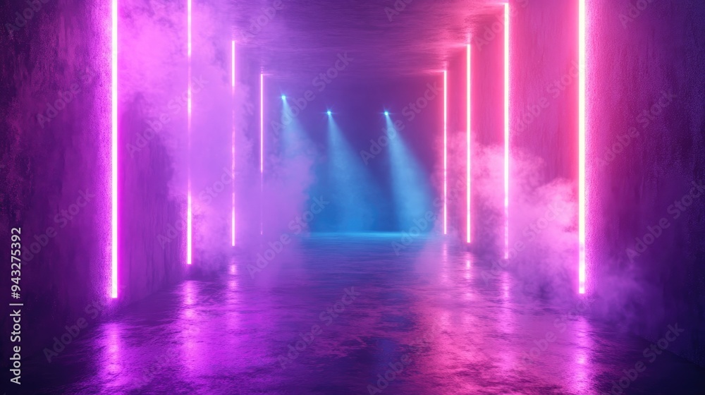 Poster 3d rendering of an empty wall backdrop with a ray of light smoke and neon illumination creating a ma