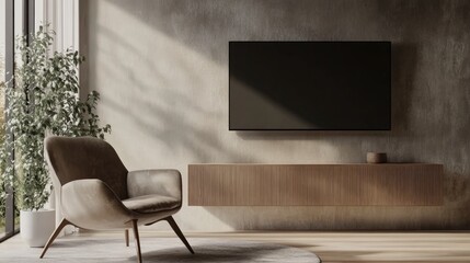 3D rendering of a minimal style TV cabinet mockup mounted on the wall with an accompanying armchair