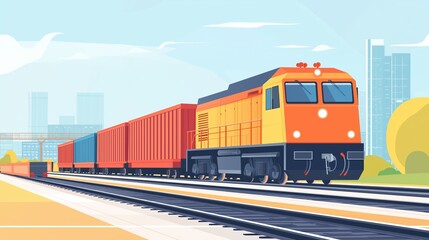 Obraz premium Freight trains on tracks, industrial background, flat design illustration