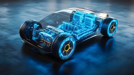 Fototapeta premium 3. **Visualize a sleek, high-tech electric car lithium battery pack, with its power connections vividly illustrated in vibrant blue. The design highlights the essential role of the battery pack in