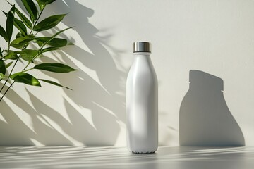 White bottle with plant shadow on light background