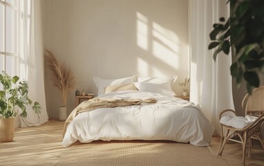 3D rendering of a cozy bedroom interior featuring a comfortable bed in the morning