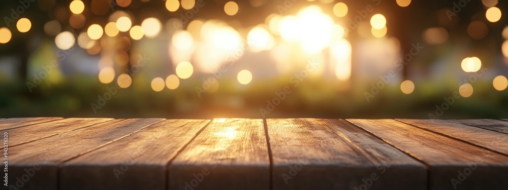 Poster 3d rendering of a blank space on a wooden table with a blurred bokeh light background