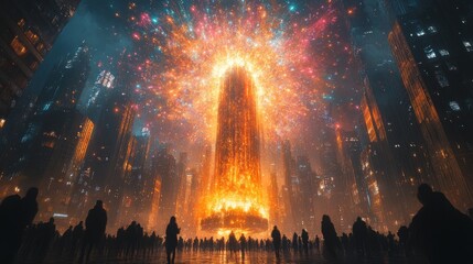 Obraz premium A dazzling explosion illuminates a towering structure in a vibrant, futuristic urban landscape.