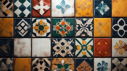 Colorful vintage ceramic tiles in a 3D rendering for wall decoration and digital design