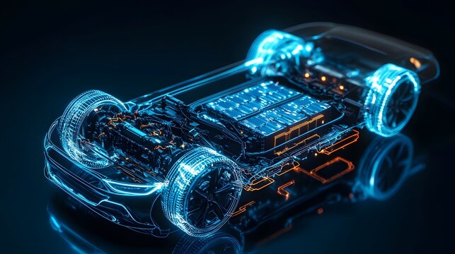 4. **Render a conceptual image of an electric car lithium battery pack, featuring detailed power connections glowing in a striking blue tone. The scene emphasizes the central role of the battery pack