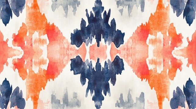 Watercolor illustration featuring Ikat tapestry designs with a retro flair Passionate Ikat art style combined with batik brush techniques Orange shibori dye elements showcased in a bohemian waterco