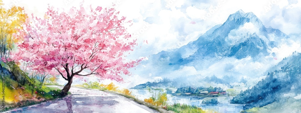 Wall mural watercolor illustration of a cherry blossom tree alongside a road with a mountain backdrop