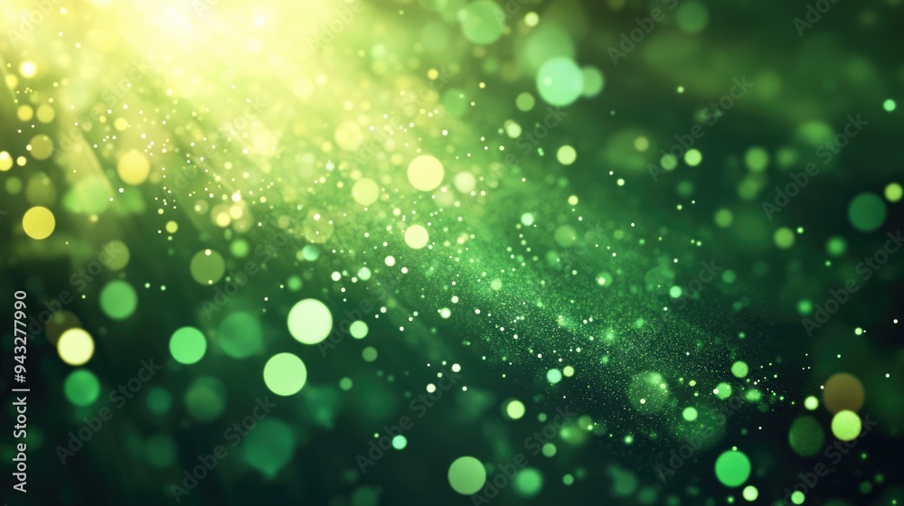 Poster Abstract bright green glowing background with flying dots circles bokeh energy particles and light rays in a 3D cartoon rendering