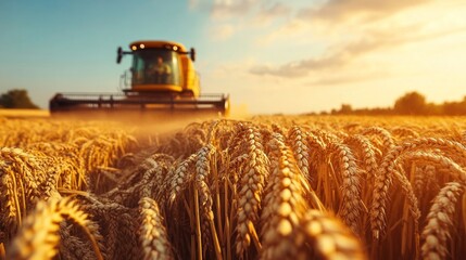 Golden Wheat Field with a Combine Harvester in the Background