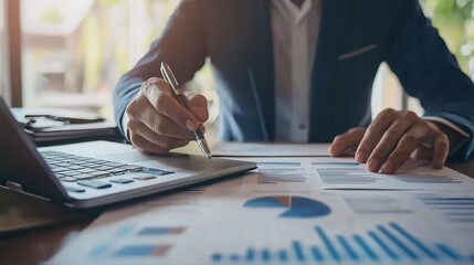 businessman analysis of business financial reports. Management of company data, metrics and marketing KPIs, financial status in beautiful graphs and reporting daily or monthly sales information simult