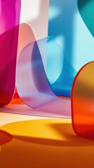 Bright and bold translucent shapes intertwine on a colorful surface, creating an eye-catching abstract arrangement in soft daylight