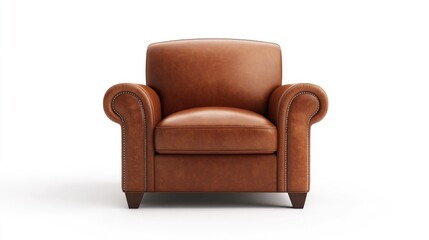 3D rendering of a brown leather armchair on a white background presented from a front view