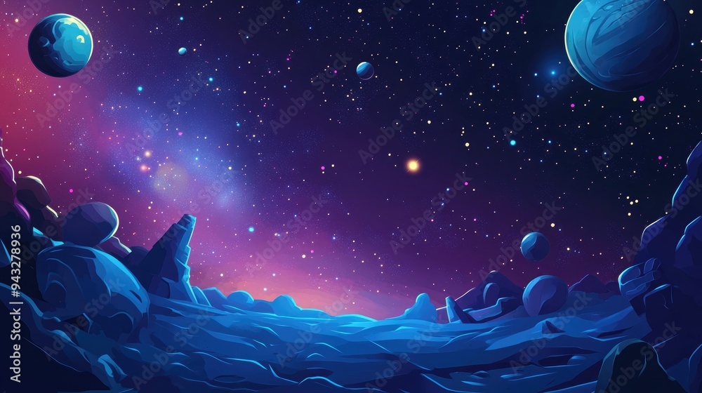 Aufkleber 2d illustration in a cartoon drawing style featuring 3d cartoon rendering deep interstellar space wi
