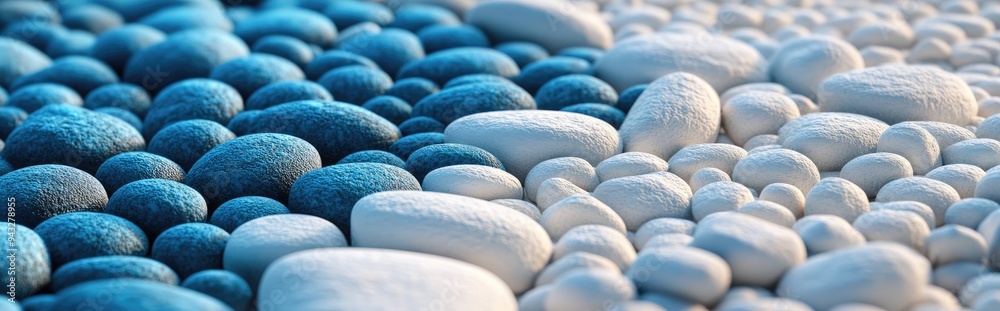 Poster blue and white surface filled with pebbles in 3d cartoon rendering