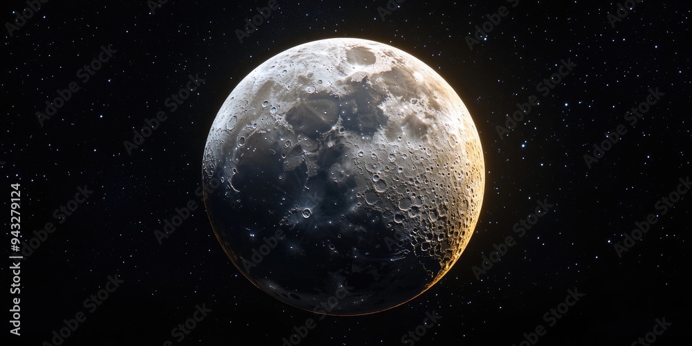Poster 3d cartoon rendering of a waxing gibbous moon with a subtle golden hue seen on a dark autumn night i