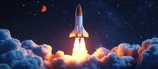 Space rocket shuttle takes off into a starry sky exploring and settling on the red planet 3D cartoon rendering of a spaceship lifting off with smoke and blast