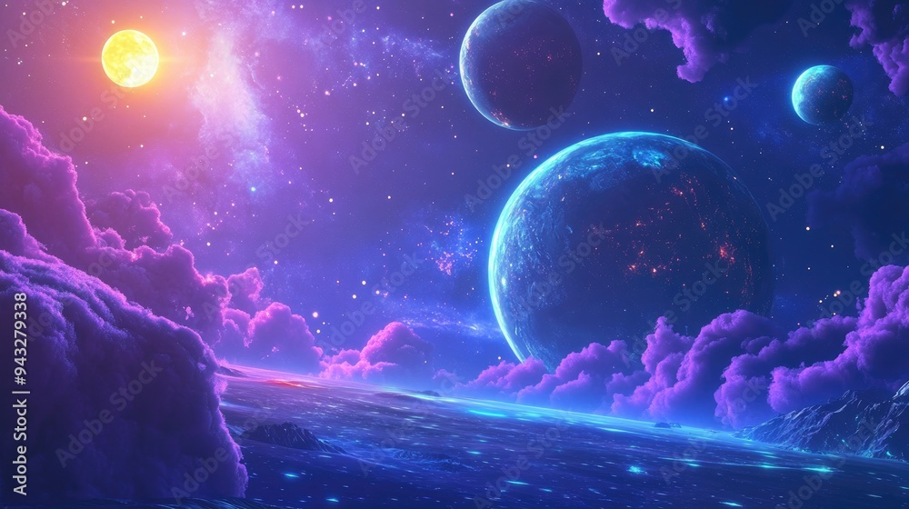 Poster galaxy world night background featuring a 3d cartoon rendering showcasing a futuristic planet in a f
