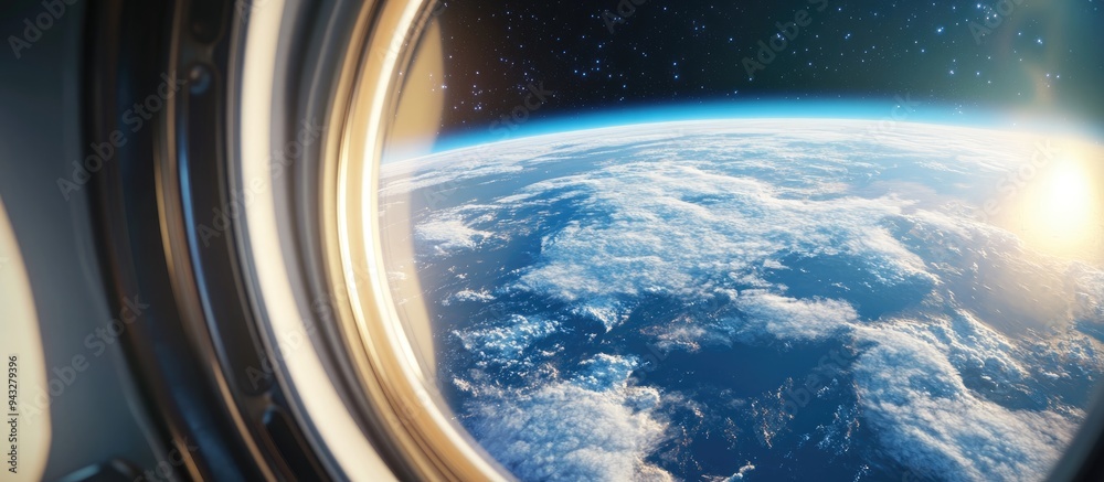 Aufkleber 3d cartoon depiction of a spaceship soaring close to a stunning blue planet capturing a window view 