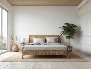 Minimalist Bedroom Interior with Wicker Bed and Palm Plant