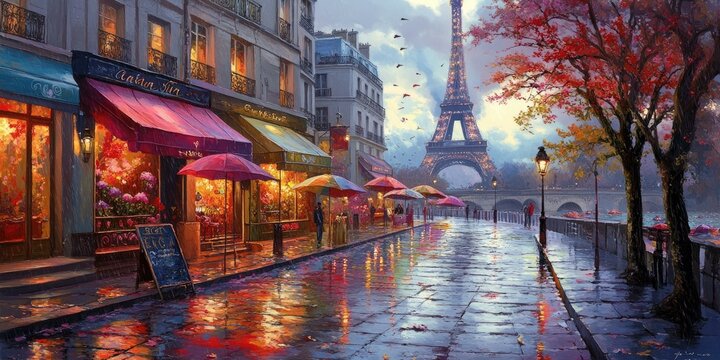 Rainy Paris street scene with Eiffel Tower in background.