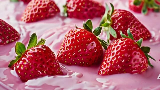 Close-up of strawberries floating in pink milk.