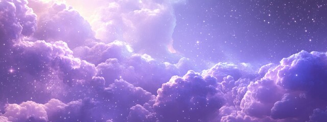 Windy cloudy sky with a lilac shade and many stars in a 3D cartoon rendering