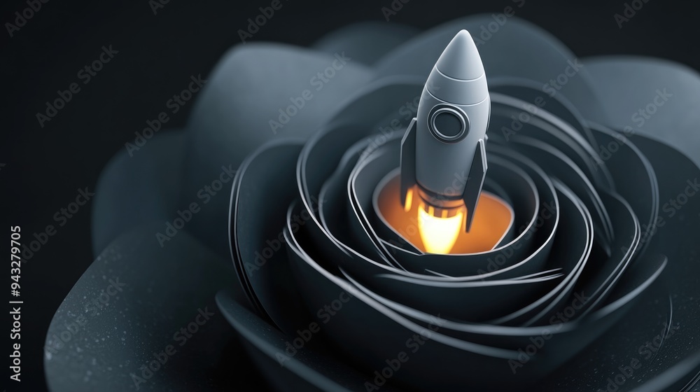 Poster Grey rosette with a rocket icon inside showcased in a 3D cartoon rendering and linear illustration