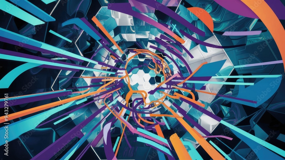 Poster abstract hexagon background with dynamic lines and shapes.