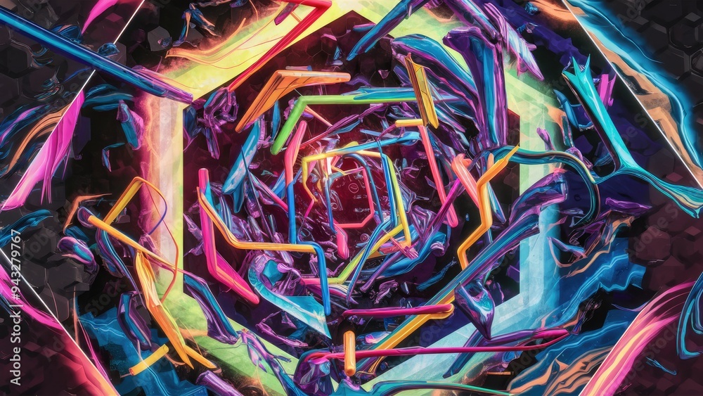 Poster abstract hexagon background with dynamic lines and shapes.