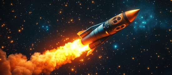 Fototapeta premium 3D cartoon rendering of a technological shuttle rocket launching with fire and smoke into a starry sky The spaceship ascends into the dark space filled with stars Science and transport concept