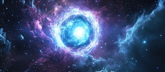 Wide shot of a revolving pulsar in a space nebula featuring a 3D cartoon rendering of high energy gamma ray bursts This illustration concept highlights astrophysics with blinking radiation flares