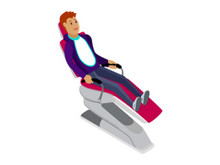 Illustration of a young man sitting in a reclining dental chair, prepared for dental treatment in a modern clinic, highlighting patient experience.