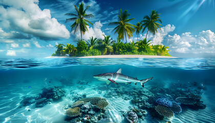 Tropical maldivian island in daylight with rainbow and Great White Shark underwater