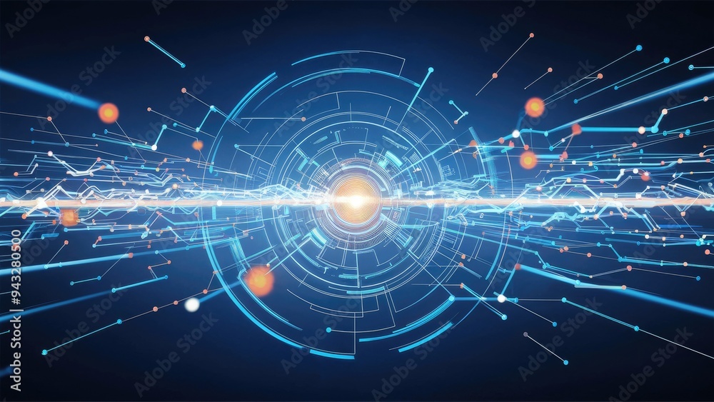 Poster abstract network of interconnected lines and dots on a blue backdrop. concept of technological commu