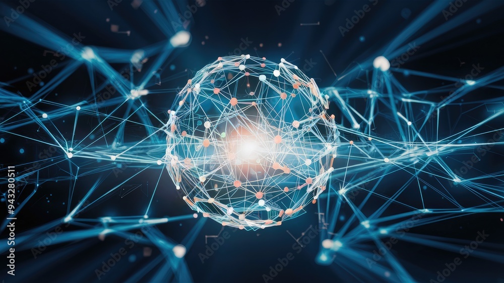 Poster abstract network of interconnected lines and dots on a dark blue background showcasing digital conne