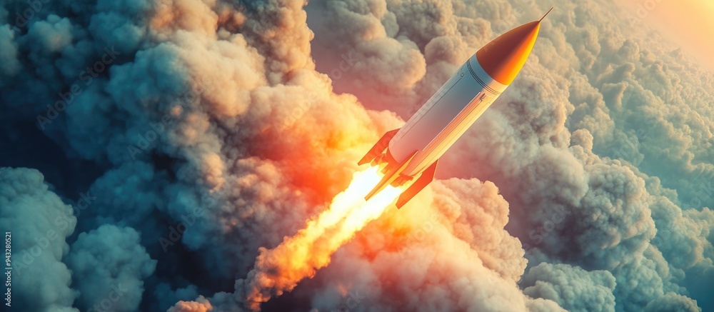 Aufkleber modern space rocket in a beautiful cloudy sky 3d cartoon rendering