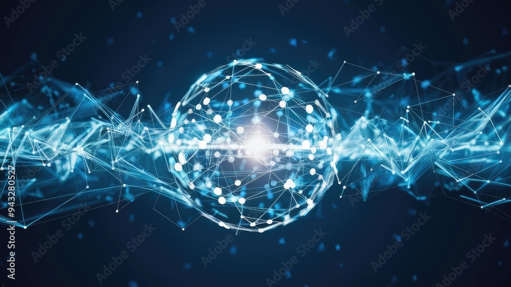Poster abstract network of interconnected lines and dots on a dark blue background showcasing digital conne