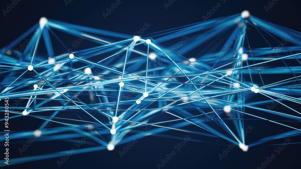 Poster abstract network of interconnected lines and dots on a dark blue background showcasing digital conne