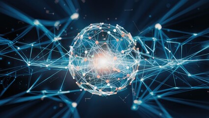  Abstract network of interconnected lines and dots on a dark blue background showcasing digital connectivity. 3D rendering.