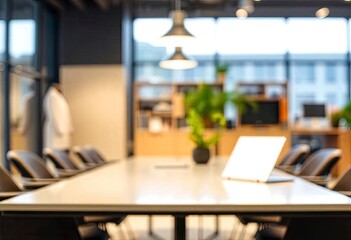 Blur focus of Fashion and modern office interiors. Front view of a loft open space office interior. Blur background, ai