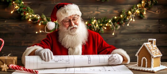 Santa Claus Reviews Blueprints Next to Gingerbread House Christmas Spirit and Workshop Preparations