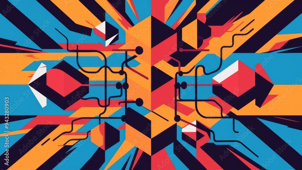 Poster abstract representation of decentralized technology using stylized geometric shapes to illustrate si