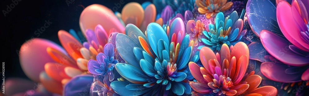 Poster Colorful floral fractal abstract art featuring a beautiful 3D cartoon rendering This graphic modern art with a digital fantasy effect serves as a trendy desktop wallpaper and is suitable for banne